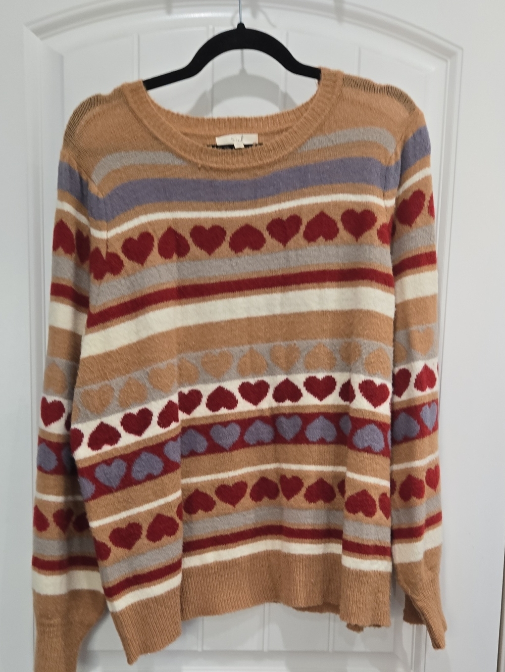 EASEL Women’s Striped Heart Crewneck Sweater in Camel and Red